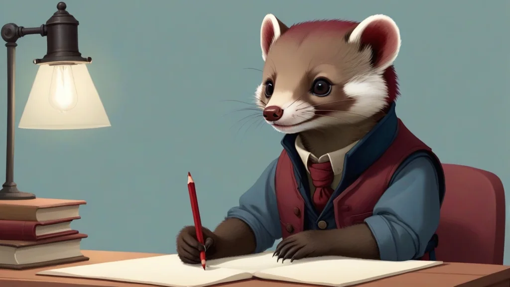 A drawing of a pine marten in a waistcoat at a desk, ruling a red pencil line down the margin of an open page