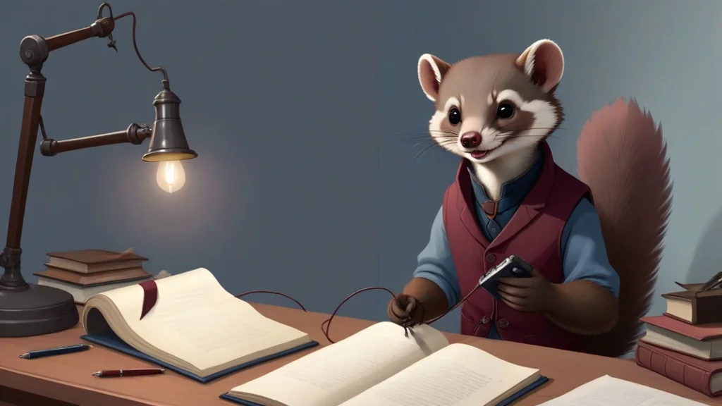 A drawing of the same pine marten at a lamplit desk, a small handset in one paw and an open document in front of him