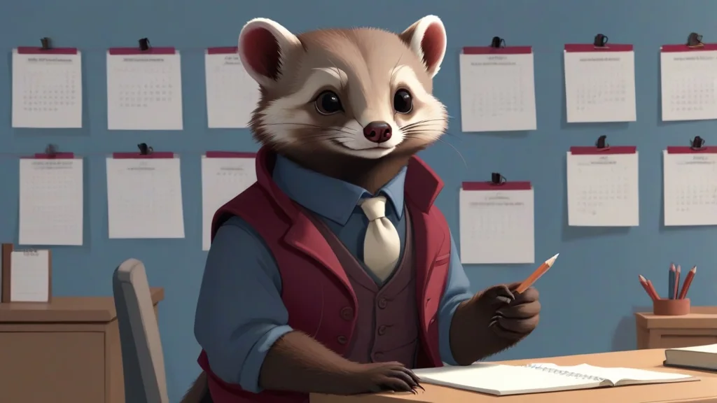 A drawing of the same pine marten beside a wall of calendar sheets, holding a red pencil