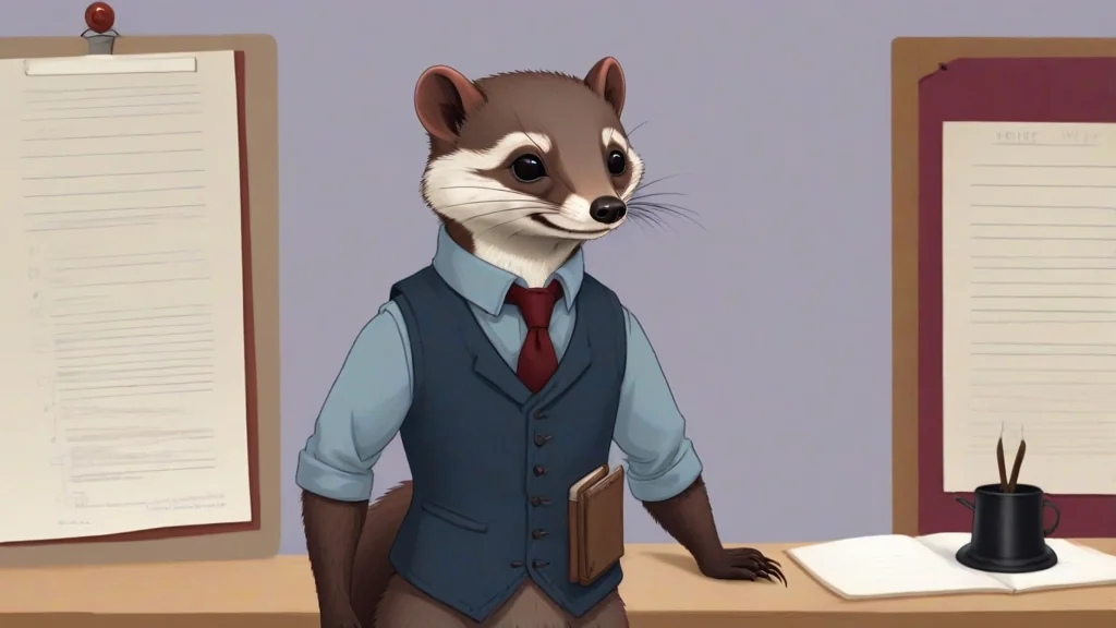 A drawing of the same pine marten standing between two lists pinned on a wall, one longer than the other